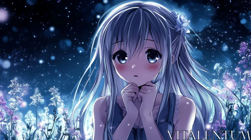 Mystical Anime Girl Amidst Flower Field AI Image