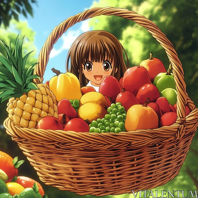 Cheerful Anime Girl with a Fruit Basket AI Image