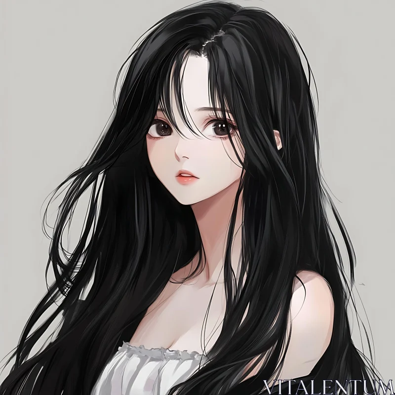 Illustrated Anime Girl with Long Black Hair AI Image