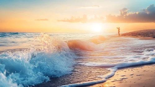 Tranquil Beach at Sunset with Ocean Waves