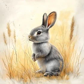 Watercolor Rabbit Portrait in Grassy Meadow