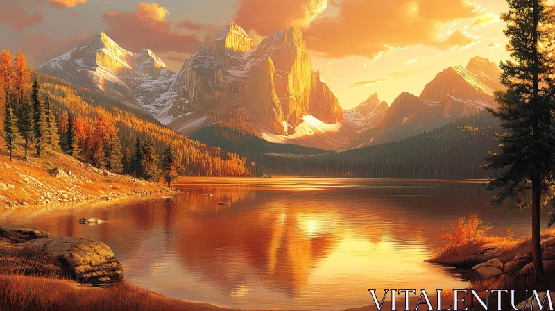 Golden Sunset Reflected on Mountainous Lake AI Image