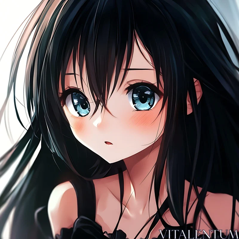 Anime Portrait of a Girl with Black Hair and Blue Eyes AI Image