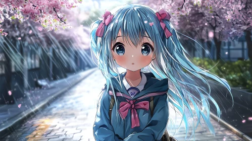 Anime Girl with Blue Hair Among Cherry Blossoms