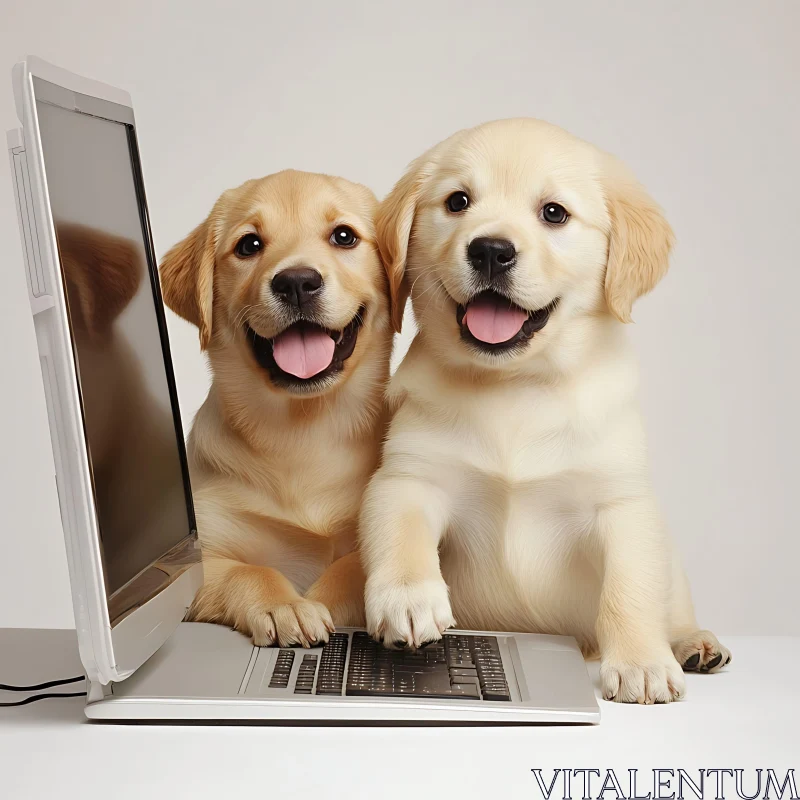 Cute Puppies Playing with a Computer AI Image