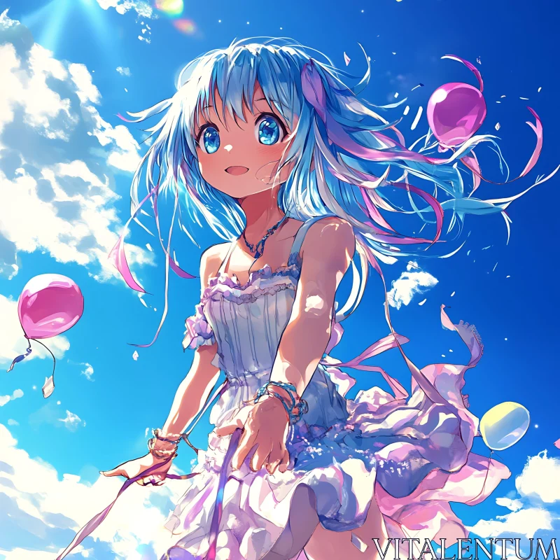 AI ART Cheerful Blue-Haired Anime Girl Holding Balloons