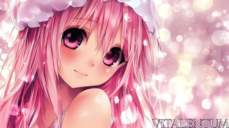 Cute Anime Girl with Pink Hair and Bokeh Effect AI Image