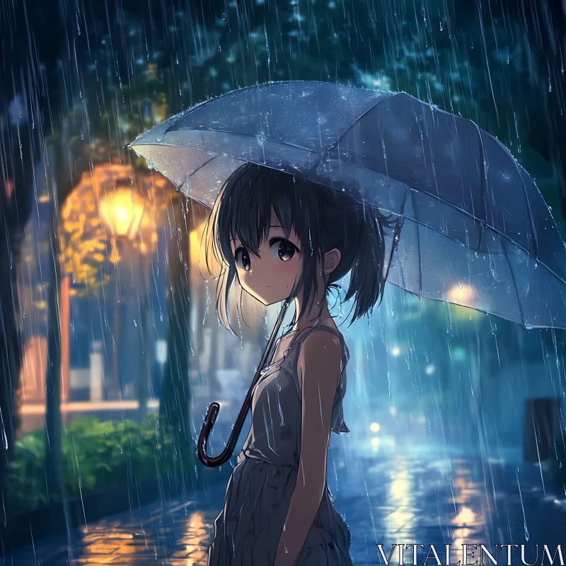 Rainy Night Anime Illustration AI Image