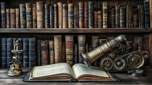 Antique Books with Steampunk Telescope