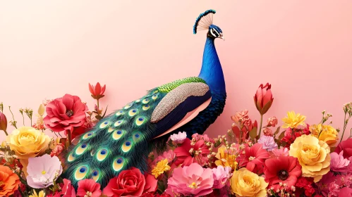 Peacock Surrounded by Colorful Blossom