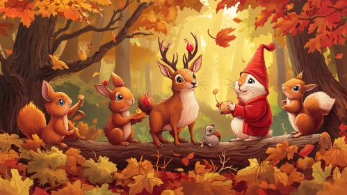 Whimsical Forest Animals in Fall Scene