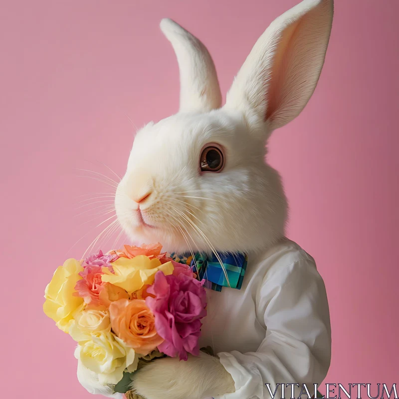 Rabbit in Bowtie Holding Flowers AI Image