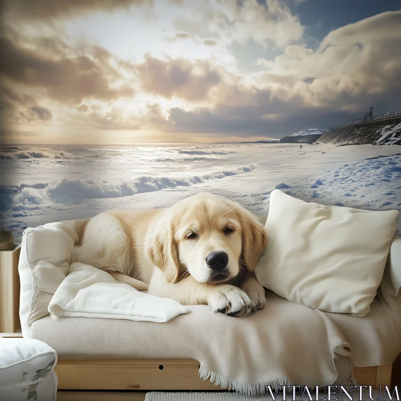 AI ART Calm Sunset Beach with Resting Dog