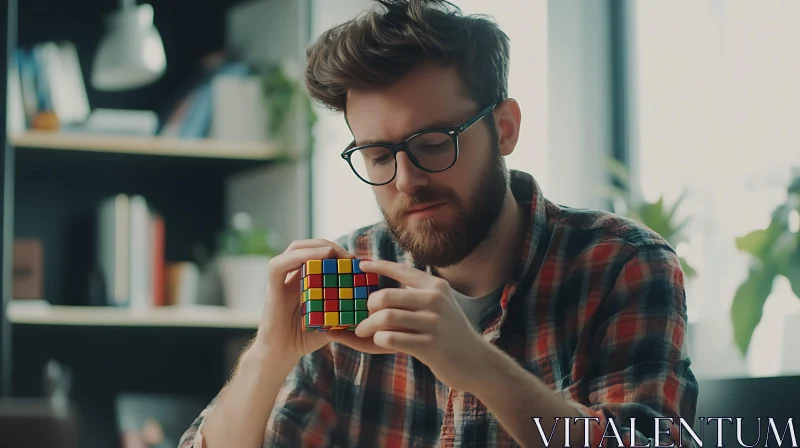 AI ART Man Concentrating on Cube Puzzle