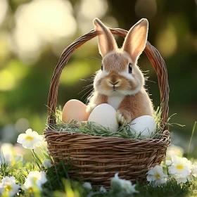 Easter Bunny in Basket with Eggs