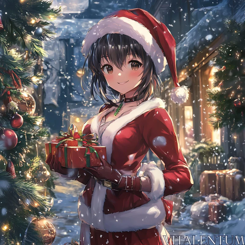 Festive Anime Santa Girl with Present AI Image