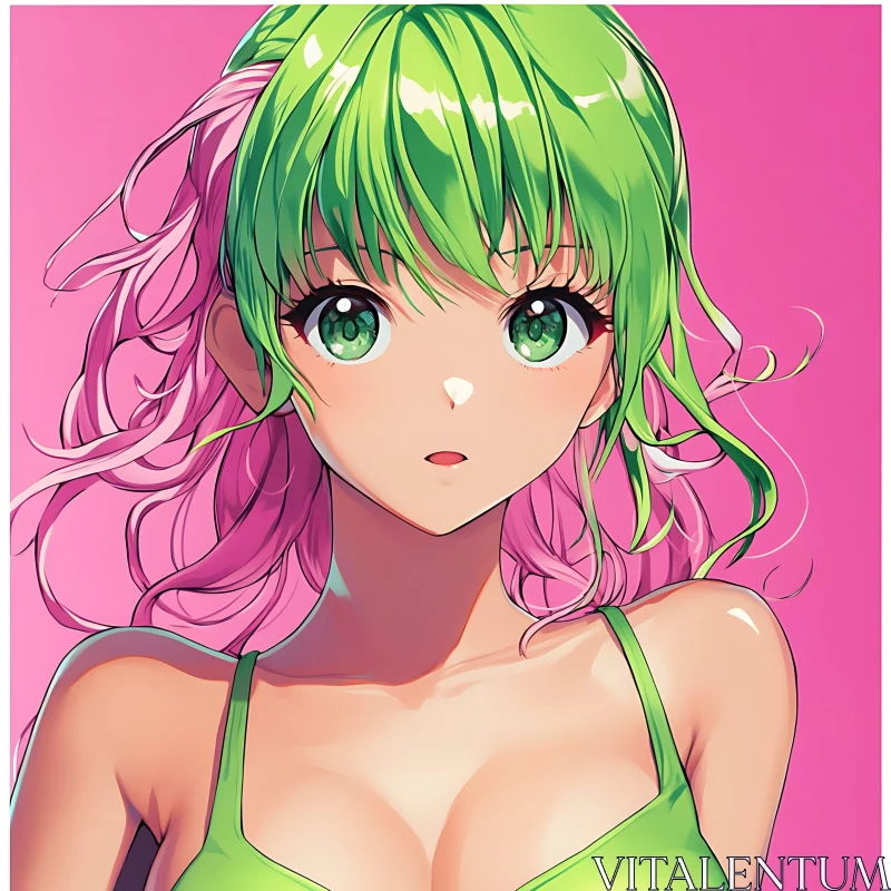 Anime Girl with Green Hair on Pink Background AI Image