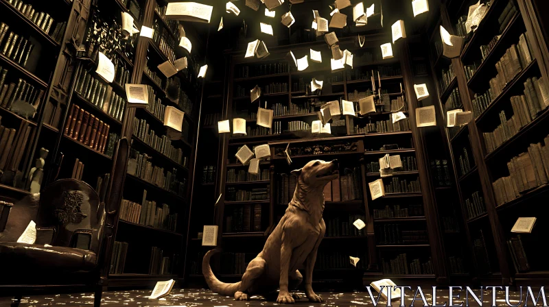 Magical Library Scene with Dog and Floating Books AI Image