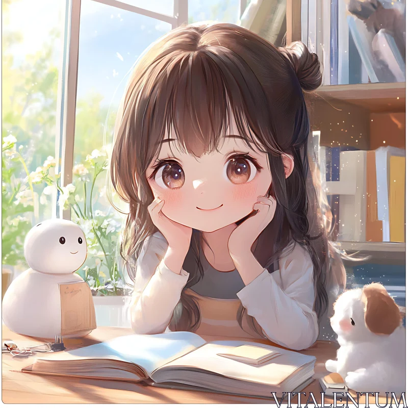 Cute Anime Scene with Study Desk and Companions AI Image