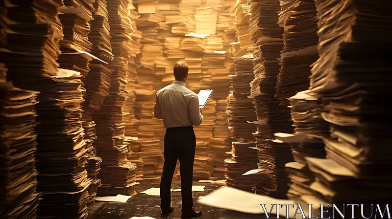 Man Confronted by Endless Paper Stacks AI Image