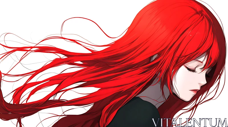 Anime Woman in Profile with Vibrant Red Hair AI Image