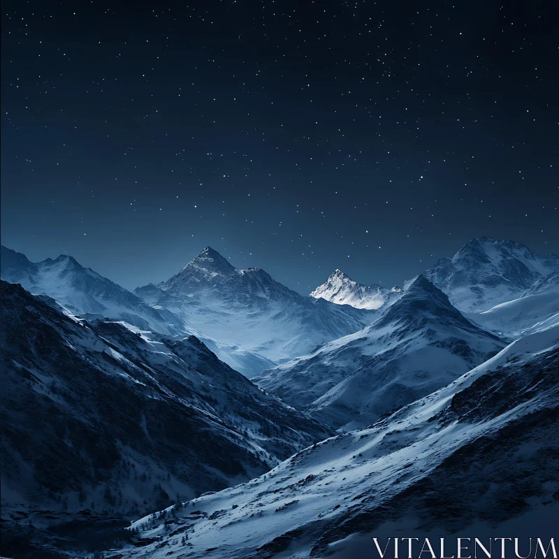 Snowy Mountain Peaks Under the Stars AI Image