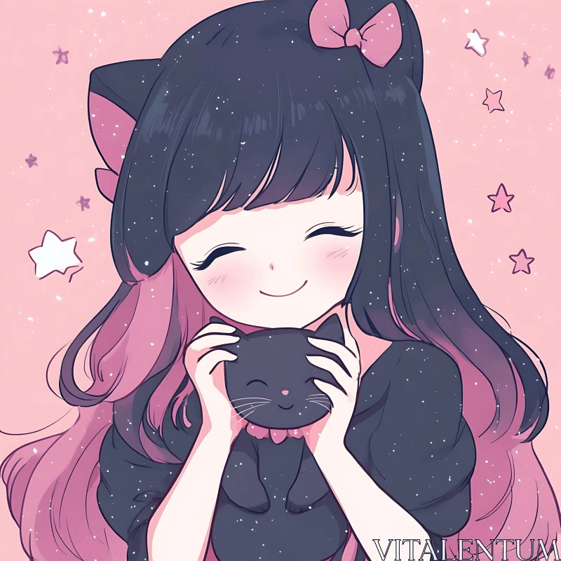 Cute Anime Girl with Black Cat AI Image