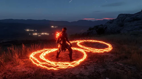 Figure with Fire Circles at Night