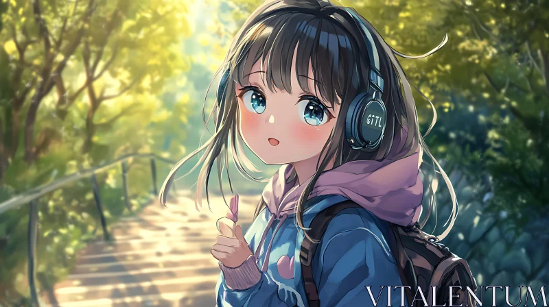 AI ART Anime Girl with Headphones in Scenic Forest