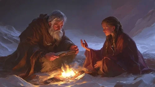 Fireside Storytelling in Winter Landscape