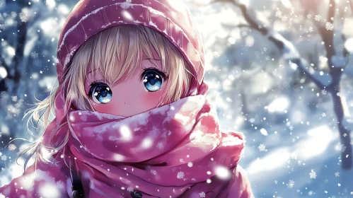 Winter Anime Girl with Pink Scarf in Snowy Forest