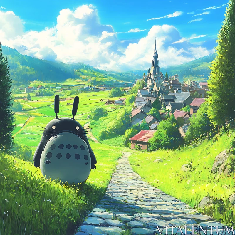 Enchanting Meadow Path Leading to a Village with Fantasy Elements AI Image