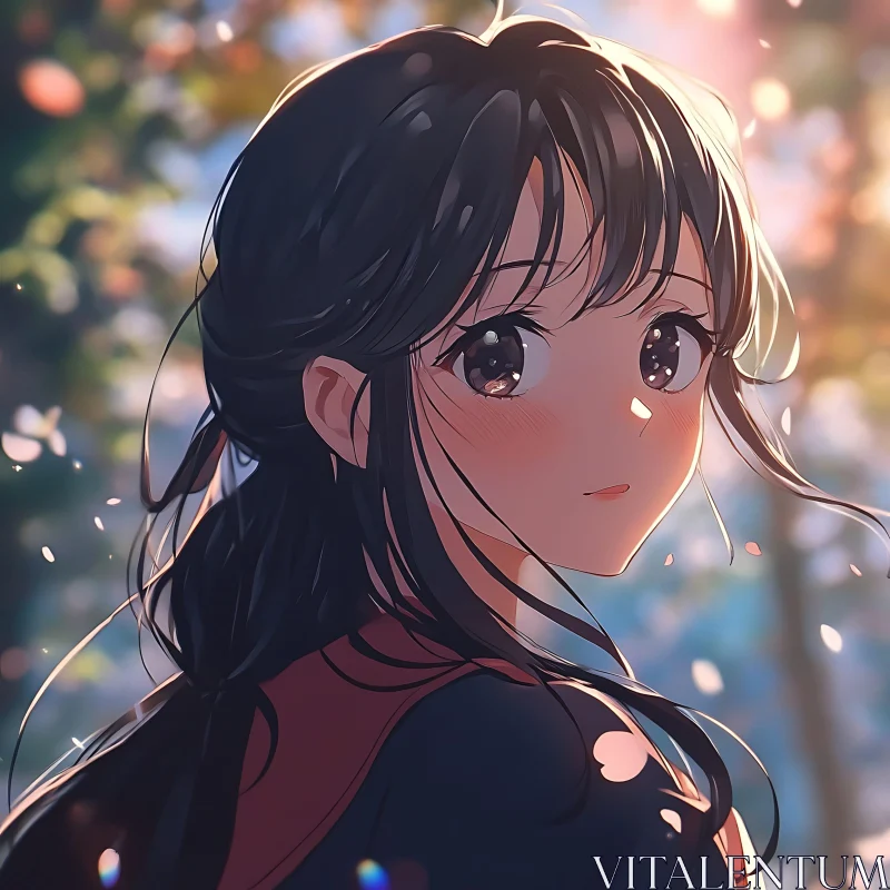 Anime Girl with Expressive Eyes and Nature Background AI Image