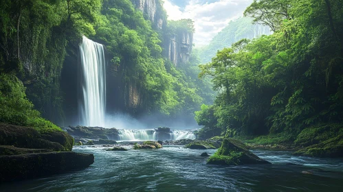 Tranquil Cascade Among Greenery