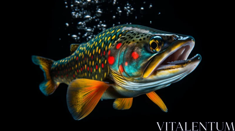 Colorful Trout Swimming Underwater Against a Black Background AI Image