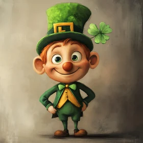 Cartoon Leprechaun with Clover and Green Outfit