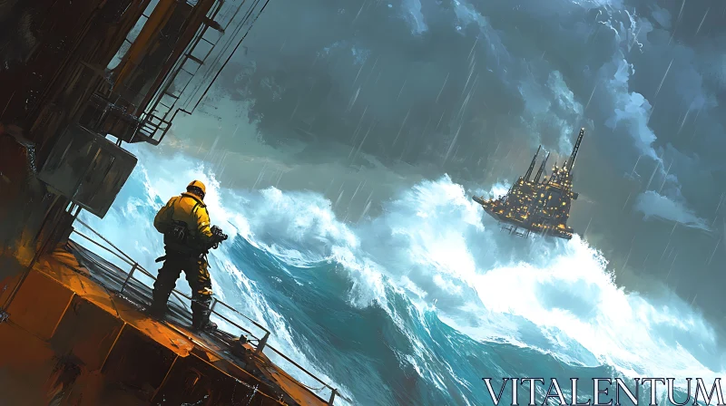 AI ART Ocean Storm Illustration with Man on Ship