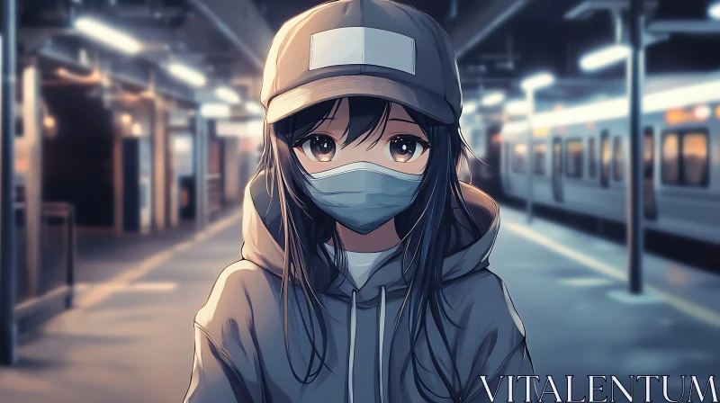 Masked Anime Girl in Urban Setting AI Image