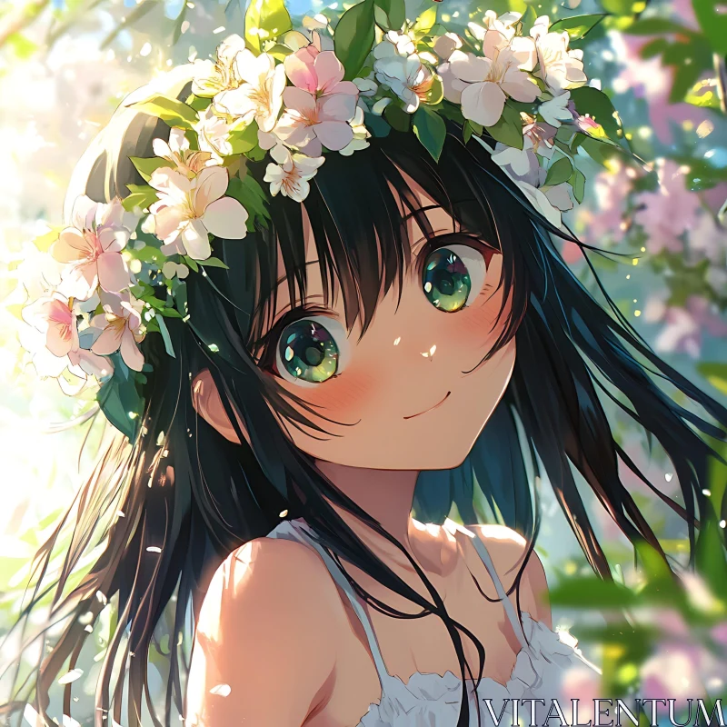 Spring Anime Girl with Flower Crown AI Image