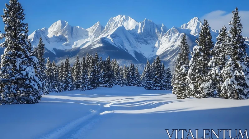 AI ART Winter Mountain Landscape with Pine Trees