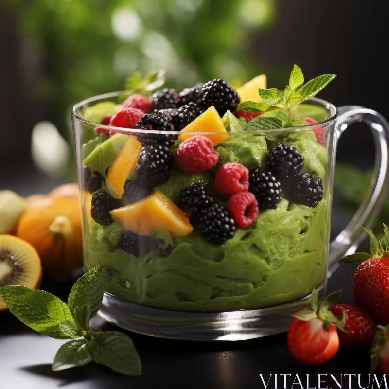 Green Smoothie and Fresh Fruit in a Dark-Styled Bowl AI Image