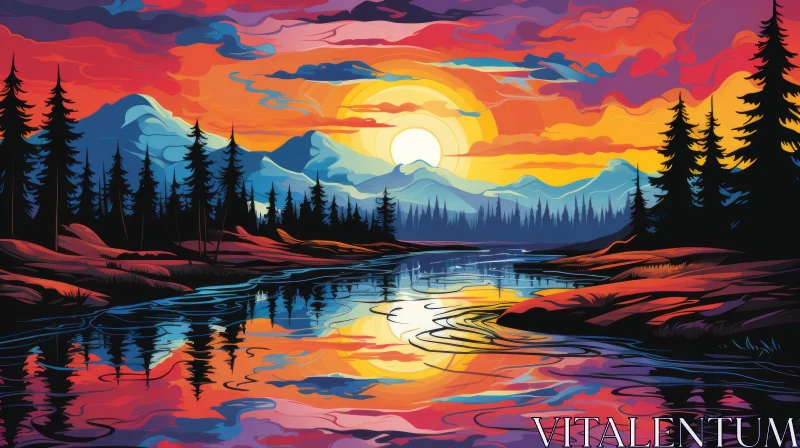 Sunset Over River Pop Art Painting AI Image
