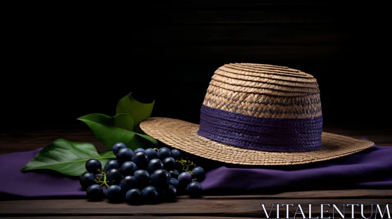 Vintage Straw Hat with Grapes on Wooden Table | Dark Violet Aesthetic AI Image