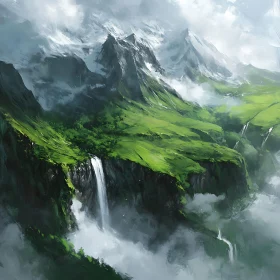 Lush Green Mountains and Waterfalls