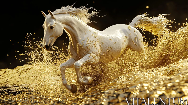 Galloping White Horse in Golden Splash AI Image