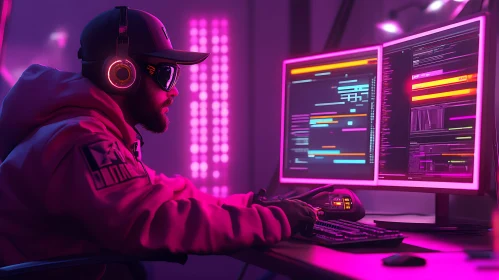 Coder Immersed in Neon Light