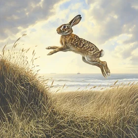 Hare Leaping Over Coastal Grasses