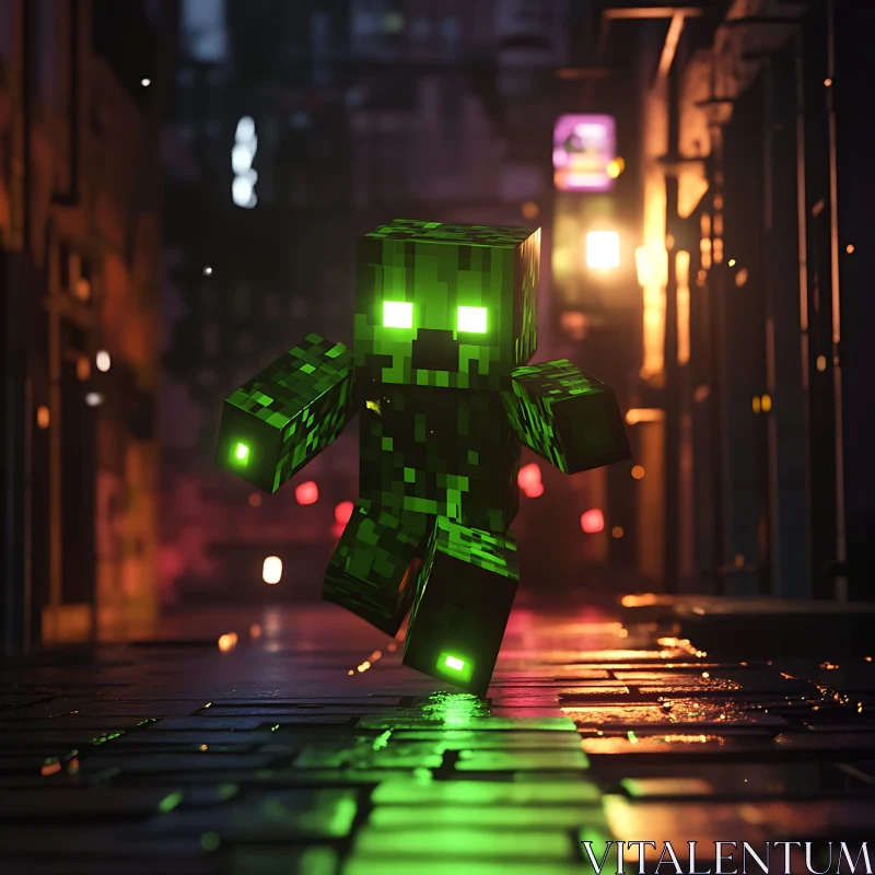 Neon Minecraft Figure in Cityscape AI Image