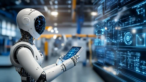 Futuristic Robot Analyzing Data on Tablet