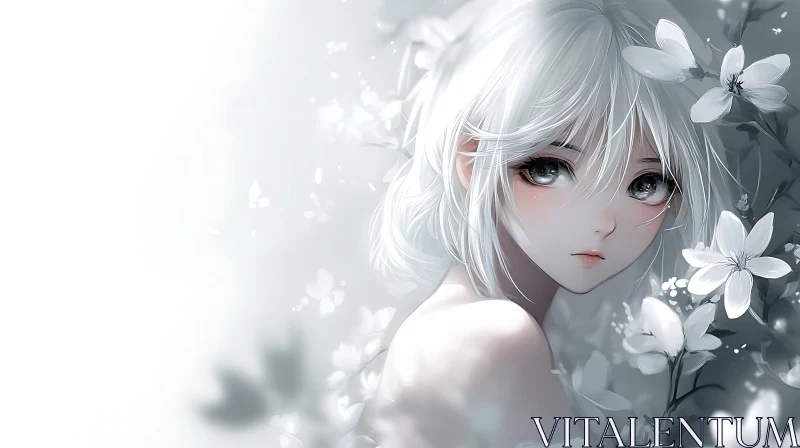 Dreamy Anime Portrait of White-Haired Girl Among Flowers AI Image